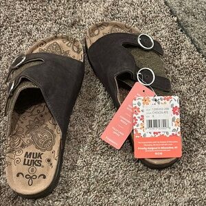 Muk Luks Women's Chocolate Mules with Buckle Detail